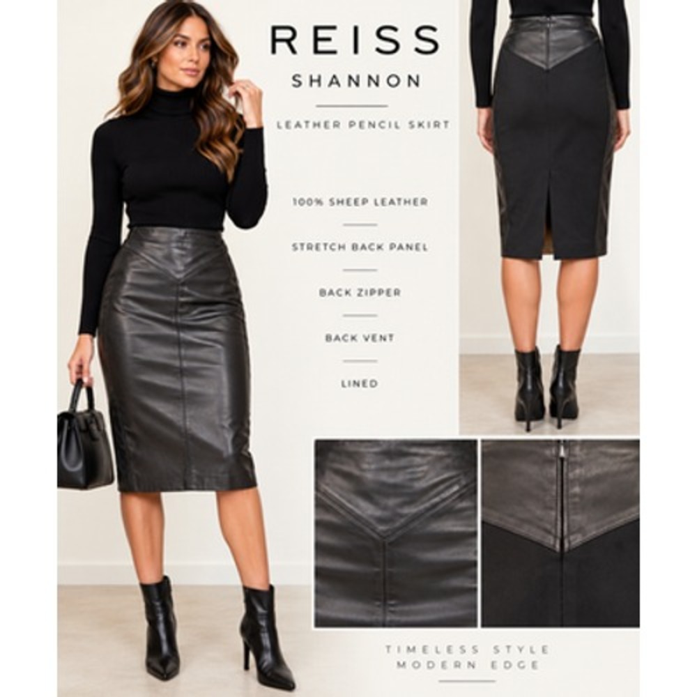 REISS Shannon Black Leather Pencil Skirt US 4 High Waist Midi Stretch Back